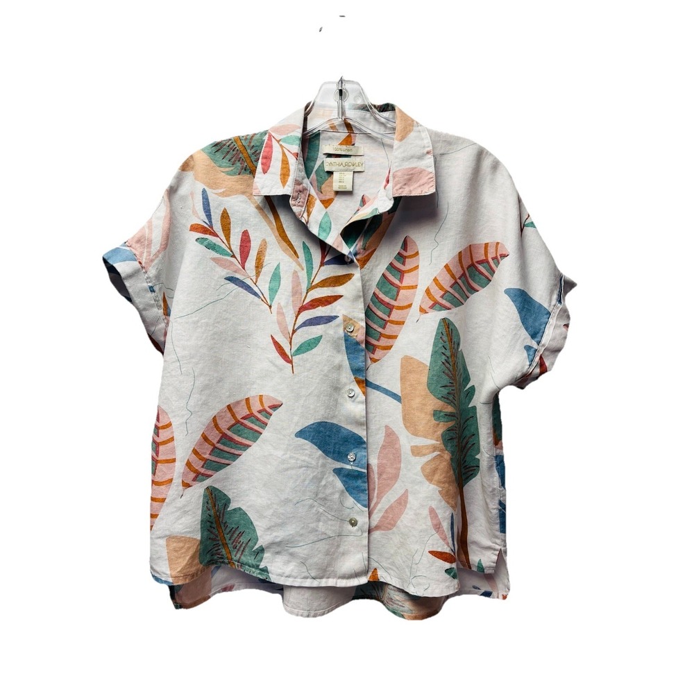 Cynthia Rowley Linen Shirt Small Tropical Leaf Print Short Sleeve Resort Beachy